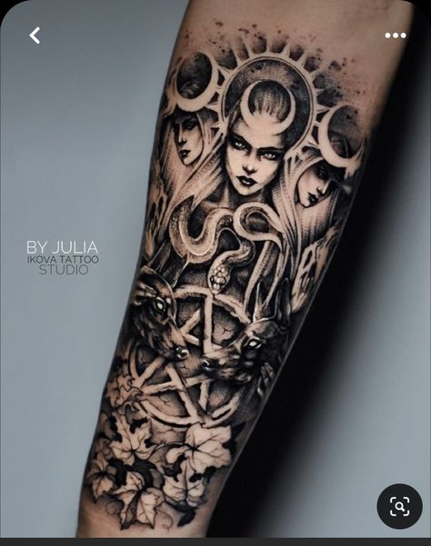 Hecate Back Tattoo, Half Sleeve Witch Tattoo, Hecate Goddess Tattoo Sleeve, Pagan Goddess Tattoo, Hecate Tattoo Ideas, Lillith Goddess Tattoo, Hecate Tattoo Symbols, Hekate Tattoo Triple Goddess, Hecate Tattoo Design