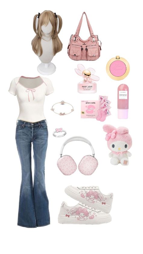 outfit ideas Cute Hello Kitty Outfits, My Melody Outfit Ideas, Hello Kitty Outfit Ideas, Melody Outfit, My Melody Outfit, School Appropriate Outfits, Twin Day, Hello Kitty Clothes, Boo Basket