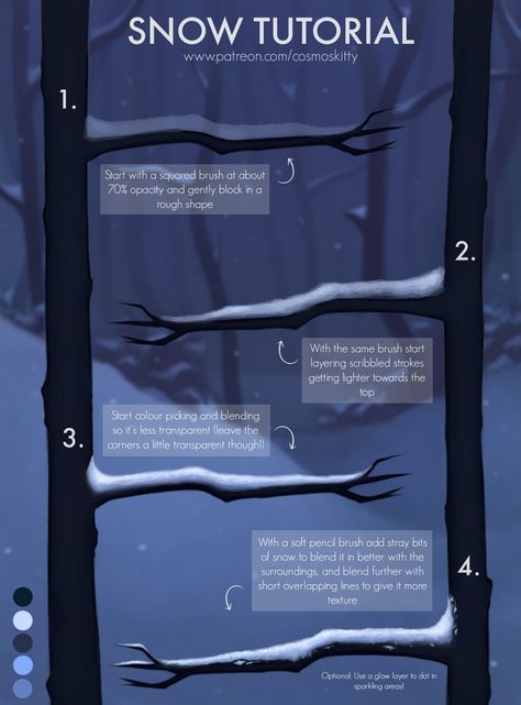 Siento que el final es raro.. Como que le falta algo mas para que sea realmente nieve.. pero sirve Fog Tutorial Drawing, How To Draw Night Sky Digital, Snow Reference Drawing, Snow Drawing Tutorial, How To Draw Ice, How To Draw Backgrounds, Snow Tutorial, How To Draw Snow, Drawing Snow