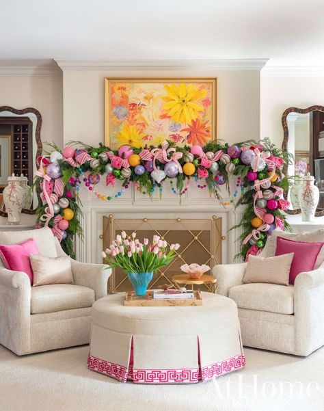 Tickled Pink - At Home in Arkansas Pink Grandmillenial, Whimsical Mantle Decor, Mantel With Garland, Pink Fireplace Mantle, Colorful Christmas Porch, Luxury Christmas Decor Interior Design, Pink Christmas Living Room, Retro Pink Christmas, Pink Christmas Decorations Diy