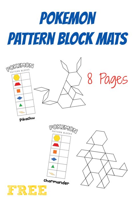 Pokemon Pattern Blocks (free patterns) - The Activity Mom Pokemon Kindergarten Activities, Pokemon I Spy, Pokemon Lesson Plans, Free Pattern Block Mats, Pokemon Club Activities, Pokemon Preschool Activities, Pokemon Learning Activities, Pokemon Educational Activities, Pokemon Math Activities