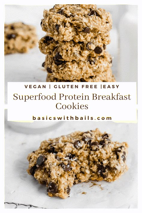 These superfood breakfast cookies are crunchy, nutty, and super yummy! The recipe is gluten-free, easy, and ready in under 20 minutes. They contains pumpkin seeds, shredded coconut, dark chocolate chips, oats, protein powder, and other healthy ingredients. #healthy #oatmeal #glutenfree #easyrecipes #easycookies #breakfastcookies #proteincookies Oatmeal Protein Cookies, Protein Breakfast Cookies, Breakfast Cookies Gluten Free, Protein Powder Cookies, Oatmeal Protein, Superfood Breakfast, Oatmeal Breakfast Cookies, Breakfast Cookie Recipe, Gluten Free Protein