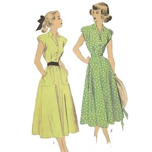 Tea Dress Pattern, 1950s Sewing Patterns, Dresses By Pattern, 1940s Dresses, Couture Vintage, Vestidos Vintage, 1940s Fashion, Sewing Notions, Dress With Pockets