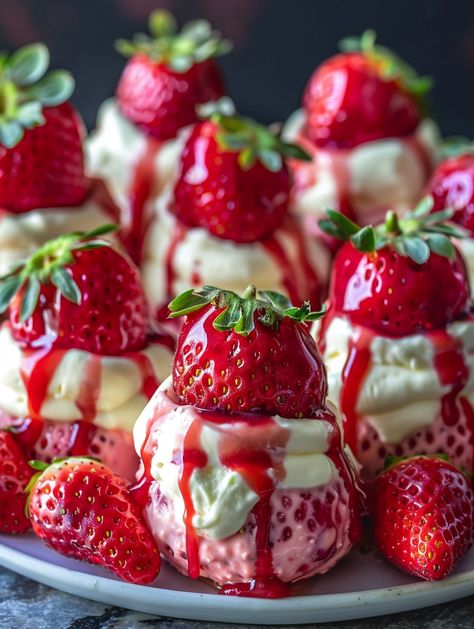 Deviled Strawberries 🍓 🤤 They are filled with a cream cheese filling that tastes just like strawberry cheesecake but in the form of finger food.  Ingredients ⤵️  18-24 large strawberries 1 cup heavy whipping cream 1 (8 ounce) package of cream cheese (softened) 1/3 cup sour cream 2/3 cup white granulated sugar 1 tsp vanilla extract 1 tbsp fresh lemon juice (optional) 1/2 cup graham cracker crumbs Cream Filled Strawberries, Deviled Strawberries, Filled Strawberries, Strawberry Filling, Food Ingredients, Yummy Comfort Food, Food O, Whipping Cream, Cream Cheese Filling