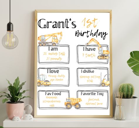 Construction theme for birthday party 1st birthday stats sign, dump truck, excavator, bulldozer, dirt, trucks, boy birthday, party decor Excavator Birthday Party Decorations, Construction 1st Birthday Party, Dump Truck Second Birthday, Construction 1st Birthday Party Zazzle, Construction Birthday Party Signs, 1st Birthday Construction Invitations, I’m Digging Being 2 Birthday Decor, 1st Birthday Signs, Truck Theme