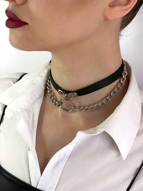 Choker With Double Chain and O-ring Leather Choker Collar | Etsy Leather Choker Collars, O Ring Choker, Goth Choker, Ring Leather, Leather Choker Necklace, Collar Choker, Hollywood Fl, Ring Der O, Leather Harness