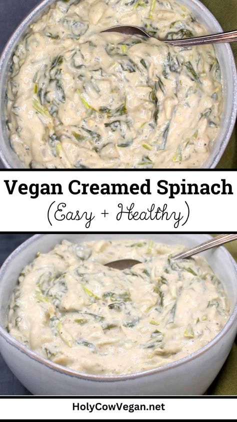 Cheesy, garlicky and loaded with yum, this vegan creamed spinach is an easy win at the dinner table. The recipe takes minutes to make and a one-ingredient upgrade makes it irresistible! Budget Vegan Recipes, Vegan Creamed Spinach, Vegan On A Budget, Vegan Cashew Cheese, Vegan Pot Pies, Budget Vegan, Vegan Green Bean Casserole, Creamed Peas, Orange Sweet Potatoes