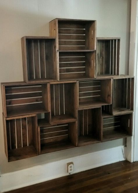 Floating crate shelving                                                                                                                                                                                 More Ikea Crates, Wooden Crate Shelves, Diy Wooden Crate, Diy Storage Shelves, Crate Bookshelf, Bookshelf Ideas, Crate Shelves, Crate Furniture, Bookshelves Diy