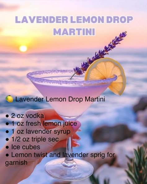 Rainbow Drinks Alcohol, Lavender Lemon Drop Martini, Lavender Lemon Drop, Lavender Martini, Rainbow Drinks, Lavender Syrup, Lemon Drop Martini, Lavender Lemon, Drinks Alcohol