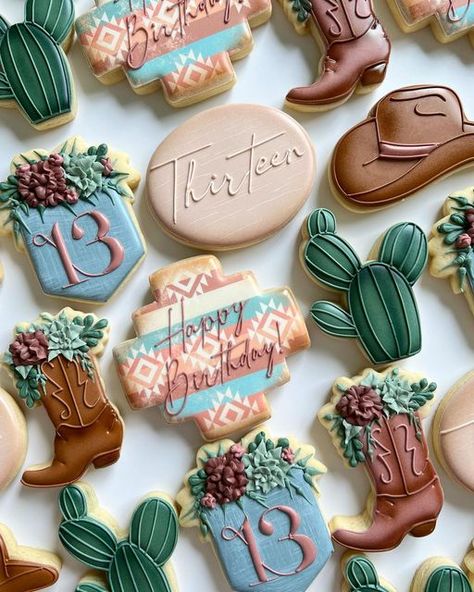 Western Birthday Cookies Decorated, Barrel Racing Cookies, Western Themed Cookies Decorated, Cowgirl Cookies Birthday, Hoedown Cookies, Western Decorated Cookies, Wrangler Cookies, Western Themed Cookies, Western Birthday Cookies