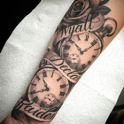 100 Powerful Name Tattoo Ideas for 2022 - The Trend Spotter Tatto Clock, Clock Tattoo Sleeve, Clock And Rose Tattoo, Watch Tattoo Design, Family Tattoos For Men, Pocket Watch Tattoos, Names Tattoos For Men, Father Tattoos, Clock Tattoo Design