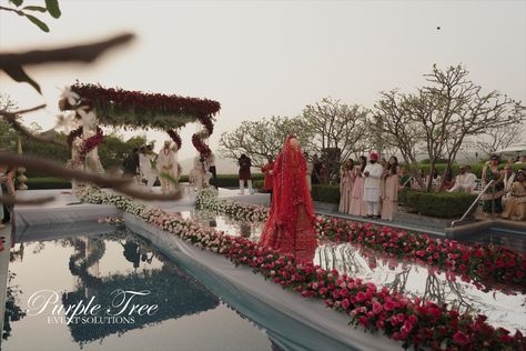 Pool Aisle Wedding, Aishwarya Wedding, Floral Mandap, Bride Walking Down The Aisle, Indian Ceremony, Mandap Design, Wedding Stage Decor, Pool Wedding, Hindu Ceremony