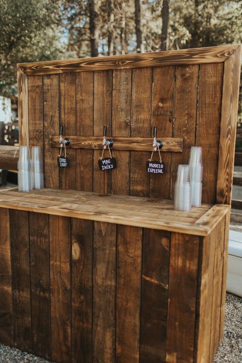 Beer Wall Wedding, Beer Tap Wall Wedding, Wood Bar Sign Wedding, Wedding Keg, Wooden Bar For Wedding, Beer Keg Ideas, Diy Beer Tap, Manayunk Brewery Wedding, Rustic Outdoor Bar