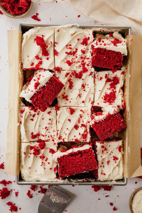 Red Velvet Cake Bars, Square Red Velvet Cake, Cooked Frosting Recipe, Red Velvet Sheet Cake Recipe, Simple Red Velvet Cake, Red Velvet Sheet Cake, Velvet Recipes, Velvet Desserts, Cooked Frosting