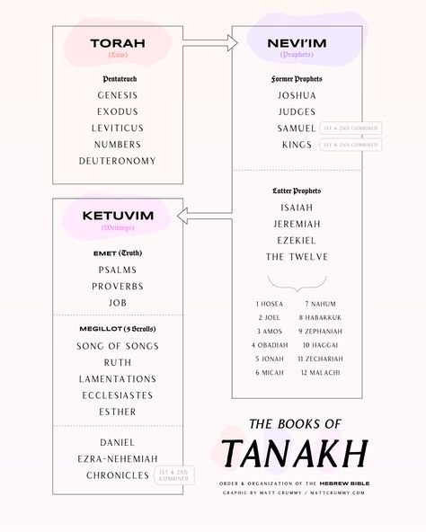 Listing of the books of the Old Testament in the traditional Jewish order of the scriptures (also known as the TaNaKh). Jewish Bible Study, Torah Study Journal, Tanakh Book, Old Testament Reading Plan, Jewish Conversion, Books Of The Old Testament, Hebrew Scriptures, Jewish Bible, Bible Genealogy