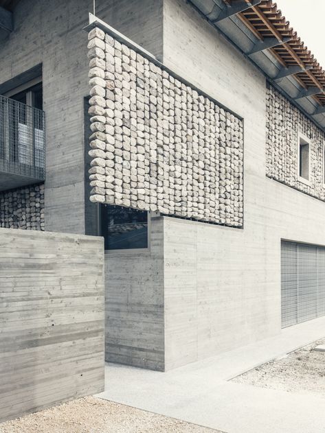 Photo 5 of 14 in A Home With Striking “Stone Curtains” Glows Like a Lantern at Night - Dwell Exterior Wall Texture, Lantern At Night, Concrete Siding, Normal Style, Tile Roof, Gabion Wall, Stone Facade, Stone Architecture, Stone Siding