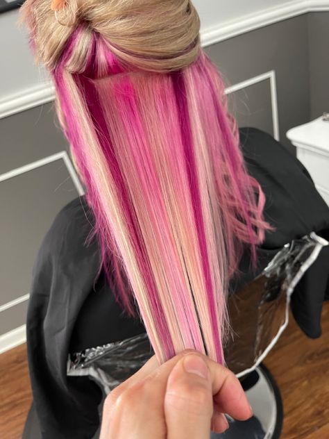 Colorful Lowlights, Blonde And Bright Colored Hair, Blonde Hair With Other Colors, Cute Colored Hair Ideas For Brown Hair, Blond With Peekaboo Color, Hot Pink Blonde Hair, Blonde Hair With Pop Of Color Underneath, Vivid Highlights Blondes, Blonde Hair With Colored Peekaboos