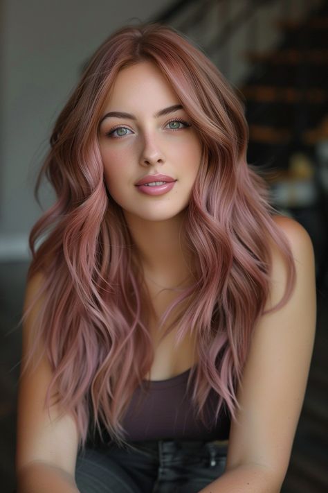 13 Inspiring Pink Hair Color Ideas - NeedleStar Dusty Pink Blonde Hair, Caramel And Pink Hair, Light Brown Pink Highlights, Short Dusty Pink Hair, Pink Hair For Fall, Pink Hair Balayage Blonde, Copper Rose Gold Hair Formula, Ashy Pink Hair Balayage, Rose Copper Hair Color