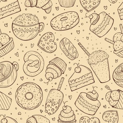 Seamless pattern, crafted sweets doodle ... | Premium Vector #Freepik #vector #background #pattern #food #vintage Presentation Pictures, Cake Wallpaper, Cake Vector, Cake Drawing, Doodle Background, Fantasy Cake, Patterned Cake, Doodle Art Journals, Disney Orlando