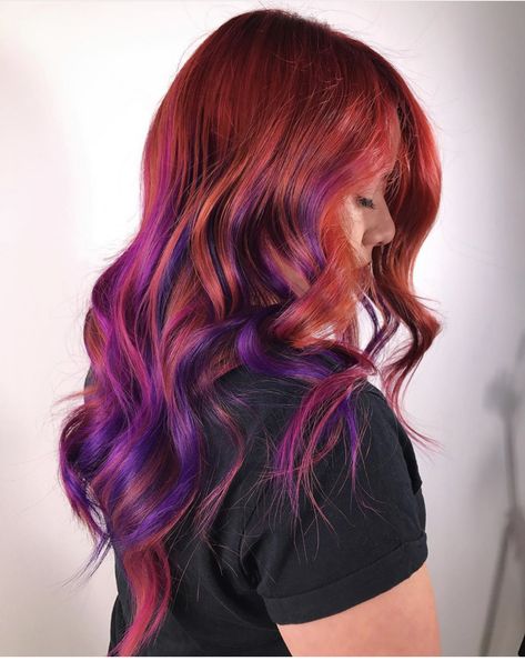 Copper Hair With Fun Colors, Black Purple And Orange Hair, Red Hair With Purple Peekaboos, Natural Red Hair With Purple, Purple And Copper Hair, Hair With Purple Underneath, Copper And Purple Hair, Ginger And Purple Hair, Red Hair With Purple