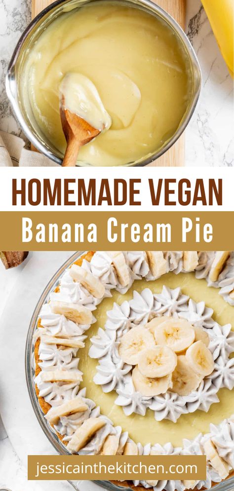 Homemade Vegan Banana Cream Pie is a delicious dessert that you will enjoy. Homemade banana cream pie that is made with no dairy products will blow you away that it's vegan. This is a simple recipe that is quick to make . While this banana cream pie recipe is easy, keep in mind that it does need to chill for at least 3 hours before serving. It's best served chilled with some whipped topping and fresh cut bananas on top! Enjoy this creamy classic, but vegan style! Vegan Meringue Pie, Banana Vegan Dessert, Vegan Banana Pie, Vegan Banana Pudding Recipe, Banana Cream Pie Recipe From Scratch, Vegan Banana Desserts, Dairy Free Banana Cream Pie, Gluten Free Banana Cream Pie, Vegan Banana Recipes