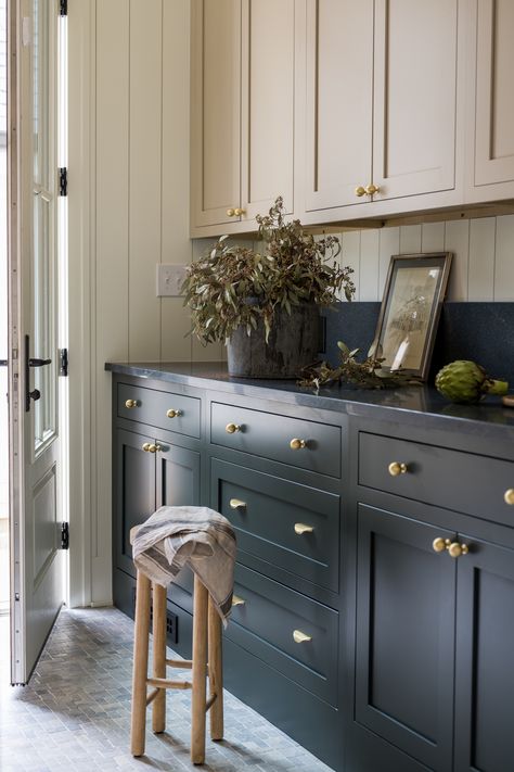 🍃#aanovodesignbuild #chlowcountry | Photo by @sarahshieldsphoto 📷 English Mudroom, French Blue Kitchen, Soapstone Countertops Kitchen, Mudroom Remodel, Soapstone Counters, Plain English, Blue Kitchen Cabinets, Comfortable Kitchen, Blue Cabinets