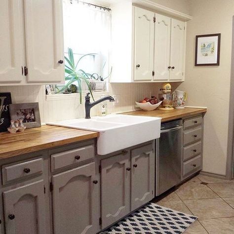 12 Farmhouse Kitchens You Can Actually Afford – Page 2 of 2 – Looks Like Happy Farmhouse Style Kitchen Cabinets, Farmhouse Kitchen Cabinet, Kitchen Cabinet Design Ideas, Cabinet Design Ideas, Two Tone Kitchen Cabinets, Butcher Blocks, Refacing Kitchen Cabinets, Two Tone Kitchen, Farmhouse Kitchen Cabinets