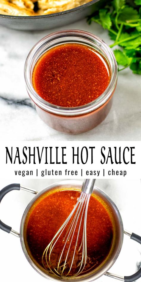 This Nashville Hot Sauce is easy to make with just the right amount of heat and sweetness from cayenne pepper, vegan butter, white vinegar, plus a special seasoning mix. It comes together really fast and is naturally vegan. #vegan #dairyfree #condiment #contentednesscooking #vegetarian #dinner #mealprep #lunch #nashvillehotsauce #hotsauce Kfc Nashville Hot Sauce Recipe, Nashville Hot Sauce Recipe, Nashville Hot Sauce, Vegan Spreads, Nashville Hot Chicken Recipe, Hot Chicken Recipe, Hot Sauce Recipe, Wing Sauce Recipes, Homemade Hot Sauce