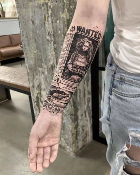 Harry Potter Tattoo Sleeve, Harry Potter Sleeve, Tatuaje Trash Polka, Hogwarts Tattoo, Tattoo Harry Potter, Harry Tattoos, Mangas Tattoo, Hp Tattoo, Potter Tattoo