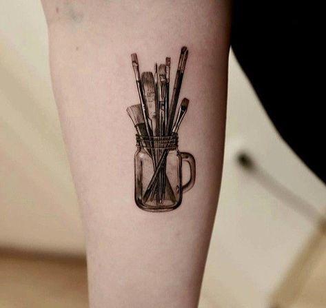 Tattoo Ideas For Painters, Artist Palette Tattoo, Art Related Tattoos, Painters Tattoo Ideas, Paint Brush Tattoo, Artist Tattoo Ideas, Craft Tattoo, Typewriter Tattoo, Paintbrush Tattoo