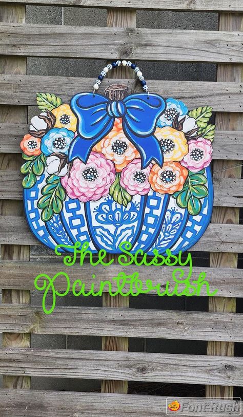 Chinoiserie pumpkin with flowers door hanger Pumpkin With Flowers, Chinoiserie Pumpkins, Covered Porch, Fall Floral, Grow Business, Painting Projects, Door Hanger, Door Hangers, God Bless