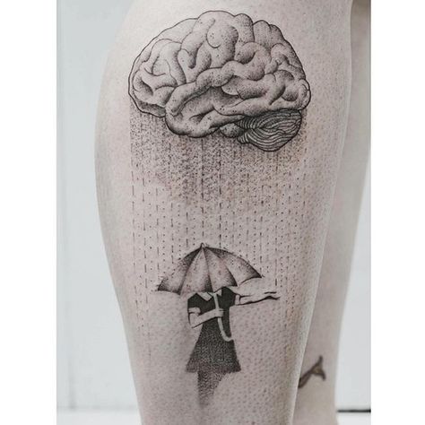 Day Dream Tattoo, Brain Tattoo Design, Rain Tattoo Ideas, Birch Tree Tattoos, Tatto Designs, Rain Tattoo, Brain Tattoo, Umbrella Photo, Cool Arm Tattoos