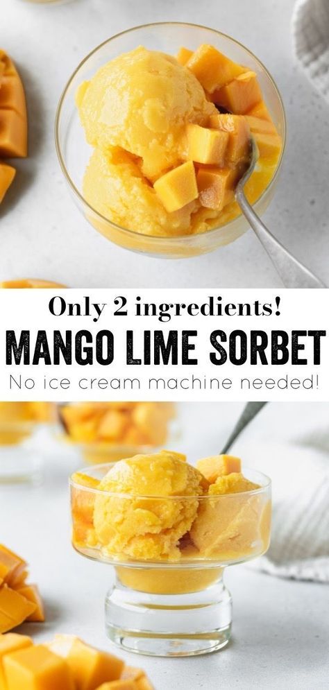 This mango lime sorbet is smooth, velvety, and fruity! With only two ingredients and no added sugar, this mango sorbet ice cream is not too sweet and refreshing! Lolly Recipes, Gluten Free Fruit Desserts, Mango Sorbet Recipe, Sorbet Is, Summertime Snacks, Vegan Ice Cream Recipe, Sorbet Recipe, Sorbet Ice Cream, Lime Sorbet