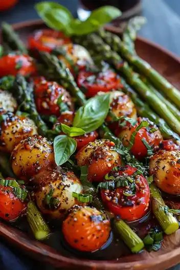 Caprese Roasted Asparagus - MmmRecipes : Easy and Delicious Recipes Caprese Roasted Asparagus, Roasted Asparagus And Tomatoes Oven, Asparagus Recipes Sauteed, Asparagus With Tomatoes, Asparagus And Cherry Tomatoes, Roasted Asparagus Recipe, Mozzarella And Tomato, Asparagus Recipes Oven, Asparagus Recipes Baked