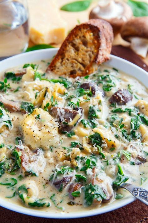 Creamy Parmesan Mushroom and Spinach Tortellini Soup Cold Day Meals Easy Recipes, Soups Vegetable, Spinach Tortellini Soup, Cozy Fall Recipes, Spinach Tortellini, Spinach Soup, Creamy Parmesan, Tortellini Soup, Cozy Meals