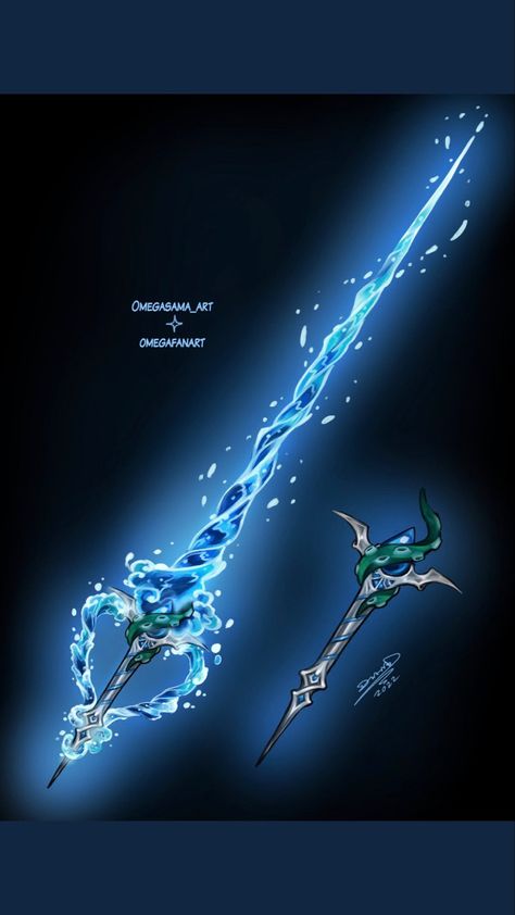 Water Staff Design, Water Staff Magic, Cool Swords Fantasy Art, Magic Book Fantasy Art, Magic Swords Fantasy, Swords Concept Art, Water Magic Art, Water Spear, Fantasy Swords