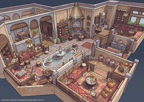 Feng Zhu Design, Interior Concept Art, Feng Zhu, Fantasy Shop, Fantasy Rooms, Rpg Map, Building Concept, Classic Vibe, Isometric Art