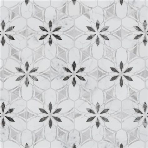 Classico Bardiglio Hex Dahlia Light 7"x8" Porcelain F/W Tile Floral Floor Tile, Geometric Floor Tiles, Affinity Tile, Hexagon Floor, Bathroom Tile Inspiration, Patterned Tile, Laundry Room Flooring, Patterned Wall, Floral Tiles