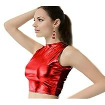 Sports Tank Tops, Tops Gold, Red Clothes, Metallic Crop Top, Women Crop Top, Slim Vest, Leather Crop Top, Turtle Neck Crop Top, Clubwear For Women