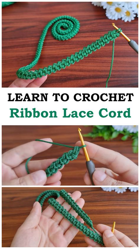 Learn To Crochet Ribbon Lace Cord - ilove-crochet Crochet Gift Ribbon, Crochet Cords Tutorial, Romanian Cord Crochet, Crochet Lace Cord, Crochet Lace Ribbon Pattern Free, Crochet Lace Ribbon, Crocheted Cord, Crochet Cord Pattern, Cord Crochet