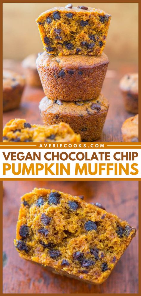 Vegan Pumpkin Muffins (with Chocolate Chips!) - Averie Cooks Chocolate Chip Pumpkin Muffins, Moist Pumpkin Muffins, Vegan Pumpkin Muffins, Pumpkin Recipes Easy, Fall Baking Recipes, Pumpkin Chocolate Chip Muffins, Pumpkin Recipe, Pumpkin Chocolate Chips, Breakfast Idea