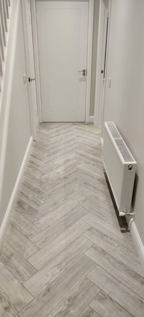 Herringbone Narrow Hallway, Grey Herringbone Floor Hallway, Herringbone Hallway, Grey Herringbone Floor, Gray Herringbone Floor, Light Gray Hallway, Hallway Flooring Ideas, Hallway Colour Schemes, Grey Wooden Floor