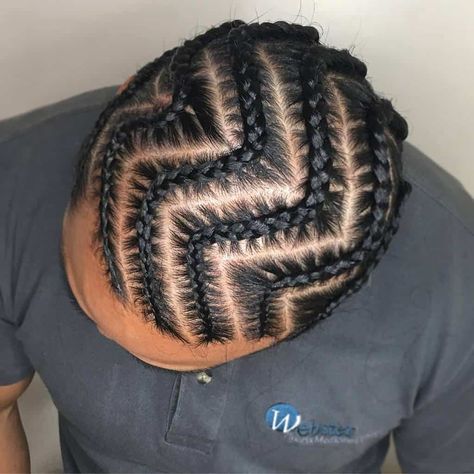 A Braided Hairstyle Featuring Zigzag Braid Pattern Braid Patterns For Men, Male Braid Designs, Basic Braids For Black Hair, Zigzag Cornrows Braid Hairstyles, Zigzag Braids For Men, Zig Zag Braids For Men, Zigzag Cornrows Natural Hair, Zig Zag Cornrows Braids For Men, Zigzag Cornrows Men