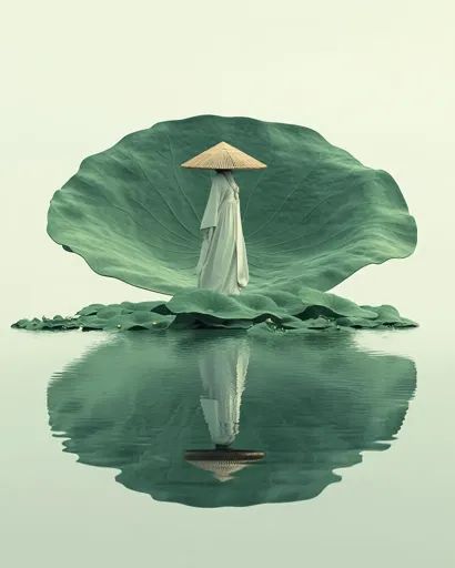 ↑↑↑ Larger size on website 🔸 A lone figure, dressed in a white robe and a wide-brimmed hat, stands on a giant lotus leaf. The lea Lotus Top View Illustration, Giant Lotus, Lotus Dress, Lotus Flower From Above, Lotus Lake, Lotus Hanfu, Lotus Pond Photography, Muted Green, Lotus Leaves