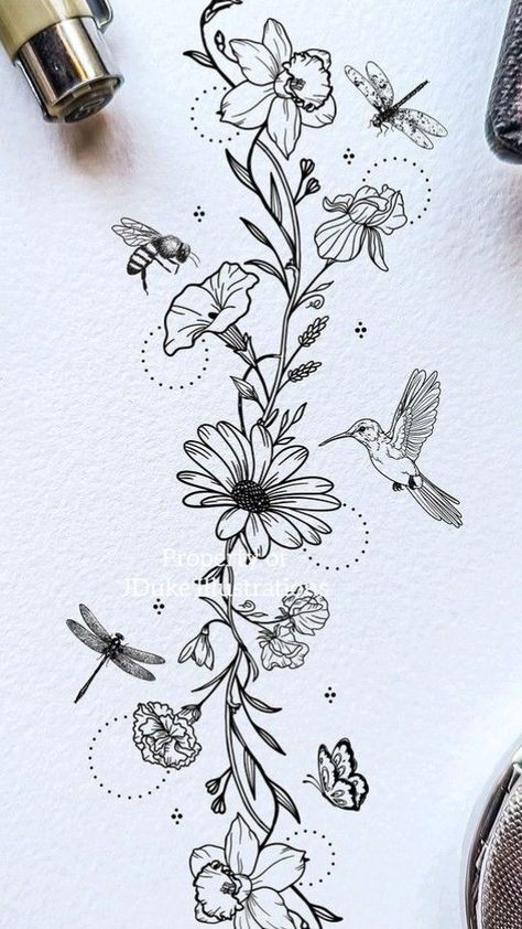 Wrap Around Vine And Flower Tattoos, Floral And Bird Sleeve Tattoo, Tattoo For Journey, Dark Feminine Tattoos Thigh, Dragonfly Sleeve Tattoo, Shoulder To Shoulder Tattoo, Moth Flower Tattoo, Dragonfly Tattoo With Flowers, Tattoos For Growth And Change