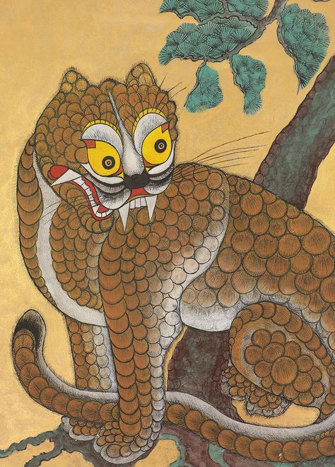 Korean Folklore, Korean Folk Art, Chinese Folk Art, Ancient Drawings, Medieval Artwork, Tiger Rug, Korean Painting, Symbolic Art, Korean Culture