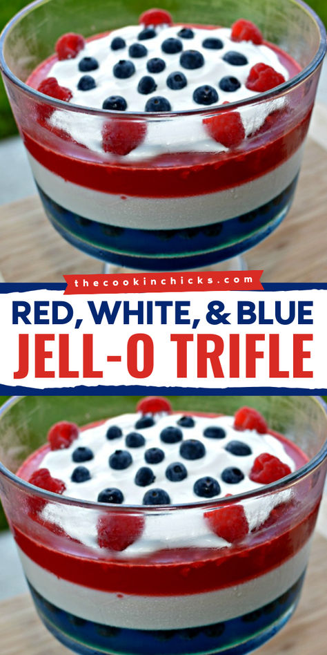 Looking for simple 4th of July desserts! Learn how to make this easy layered jello dessert that features tasty flavors and red, white, and blue colors in every bite! This fourth of July jello trifle will be a hit at any gathering! Deserts For July 4th, 7 Layer Flag Dip For 4th Of July, 4th Of July Jello Salad, Fourth Of July Jello Desserts, 4th Of July Trifle Desserts, Food For The 4th Of July, 4th Of July Jello Desserts, 4th Of July Party Food For A Crowd, Jello Trifle