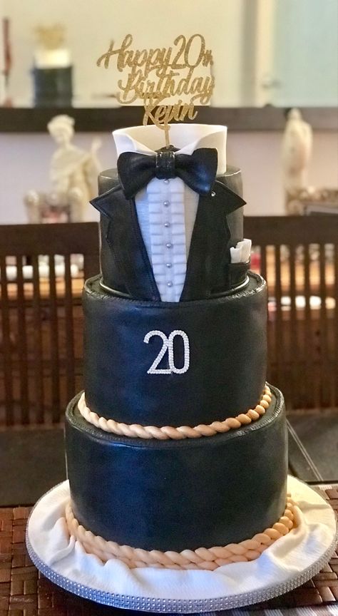 Tuxedo inspired Cake Double Tier Cake Design, Double Tier Cake, 20th Birthday Cake, Birthday Cake For Men, Cake For Men, Cake Design For Men, 20 Birthday Cake, Tiered Cake Design, Birthday Cakes For Men