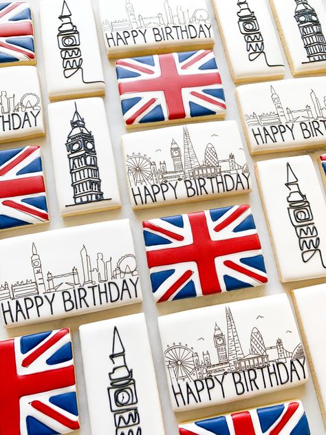 London Cookies, London Birthday, British Party, Cookie Sets, Birthday Cookie, Cookies Ideas, Graduation Cookies, Cookie Art, Birthday Cookies