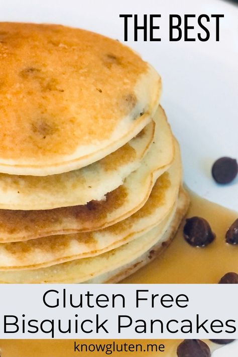 A closeup of a stack of chocolate chip pancakes on a white plate with syrup and chocolate chips. Gluten Free Bisquick Recipes, Bisquick Mix Recipe, Gluten Free Drop Biscuits, Easy Breakfast Bake, Bisquick Pancakes, Gluten Free Bisquick, Homemade Bisquick, Gluten Free Easter, Baked Breakfast Recipes